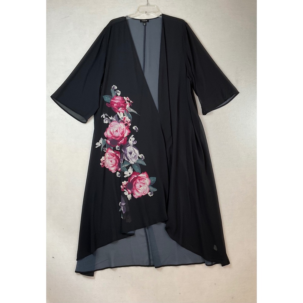 Torrid Womens Black Floral High Low Chiffon Kimono Cardigan Size 3/4 Plus Size